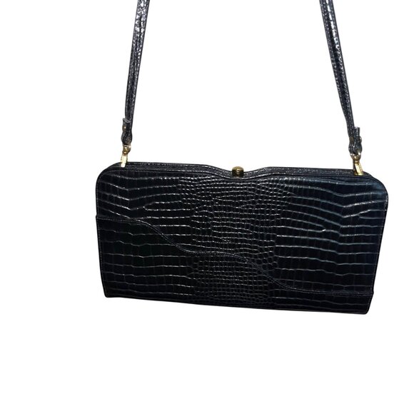 Bally Vintage Womens Clutch Bag Black Croc Embossed Leather Convertible - Picture 1 of 15